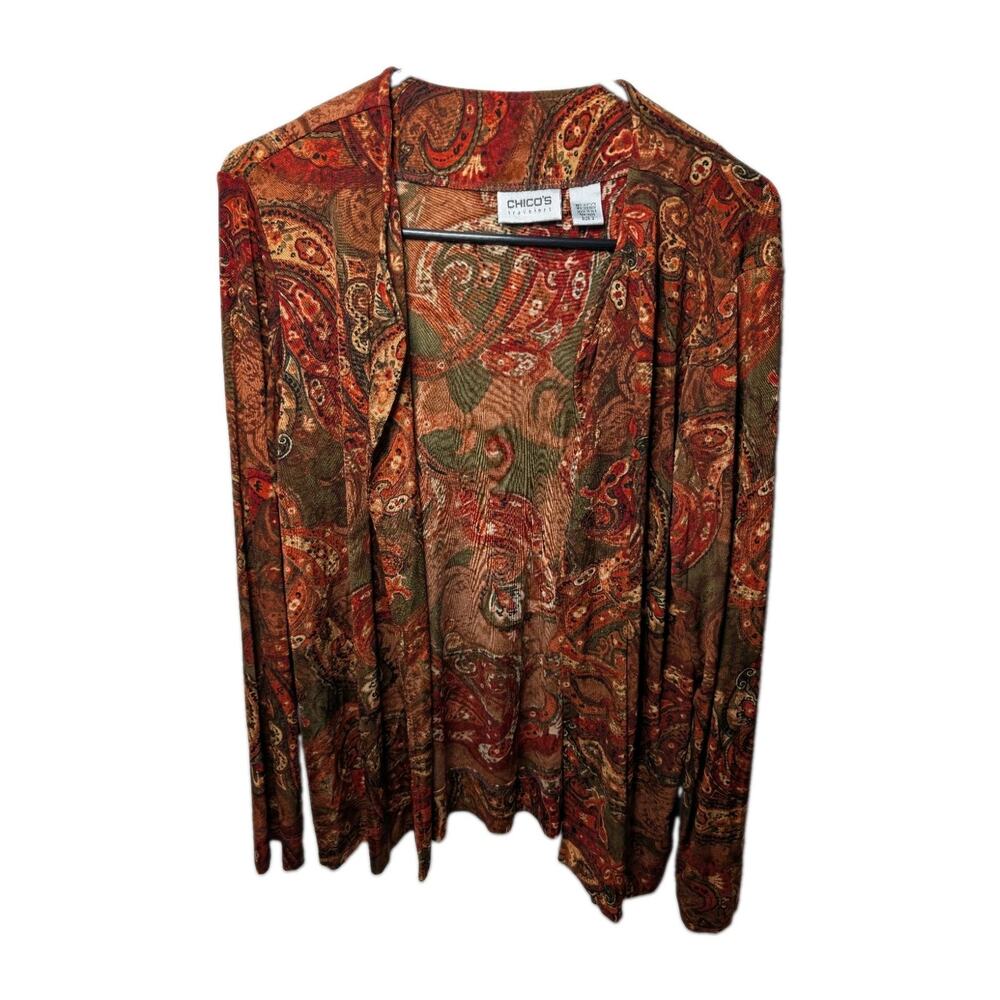 Chicos Travelers Womens Size 2 Open Front Cardigan Top Paisley Orange Fall